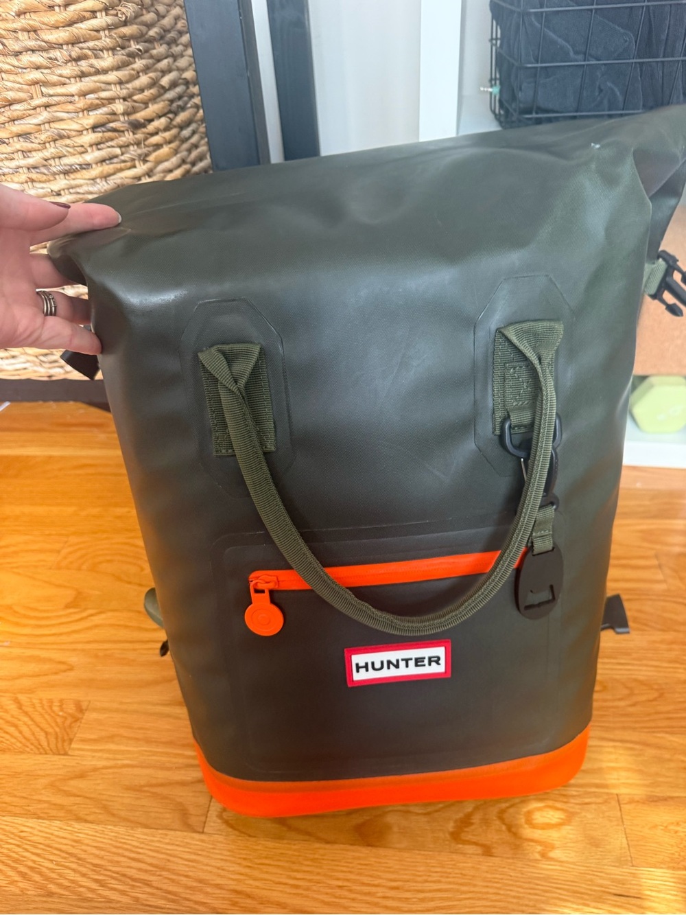 Hunter Men’s Olive Green Roll-Top Backpack with Orange Trim